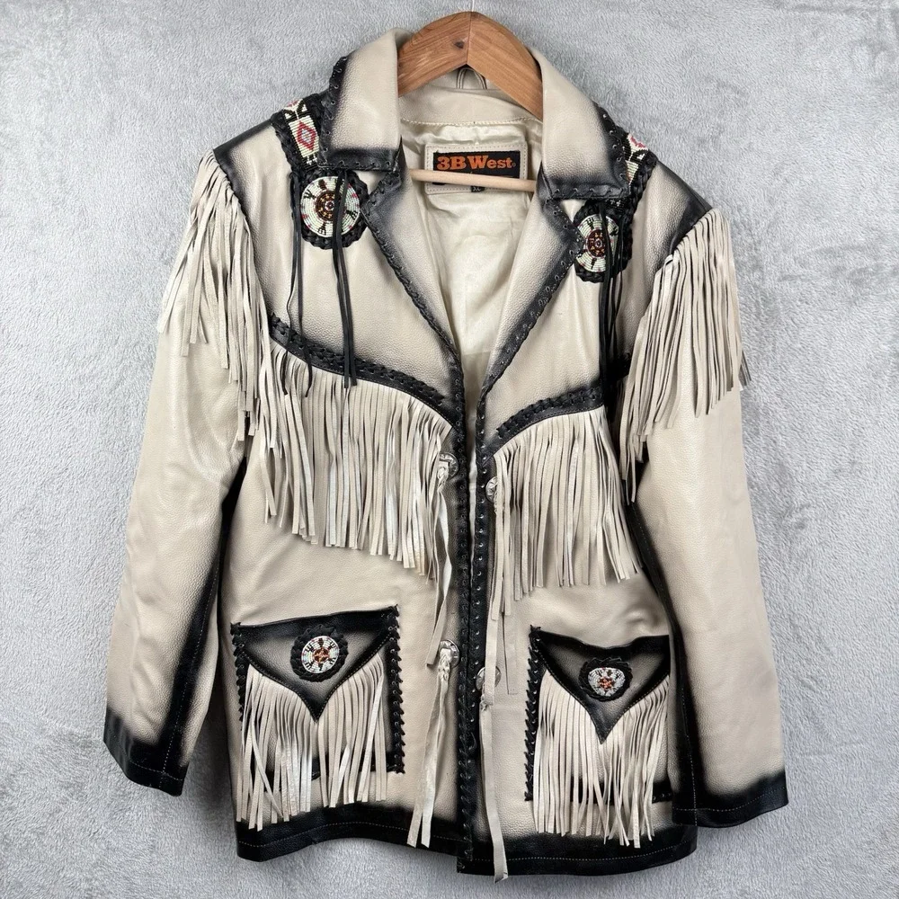 3B West By Tansmith Leather Jacket Size XL Gray Fringe Western Cowboy Aztec - Picture 1 of 15